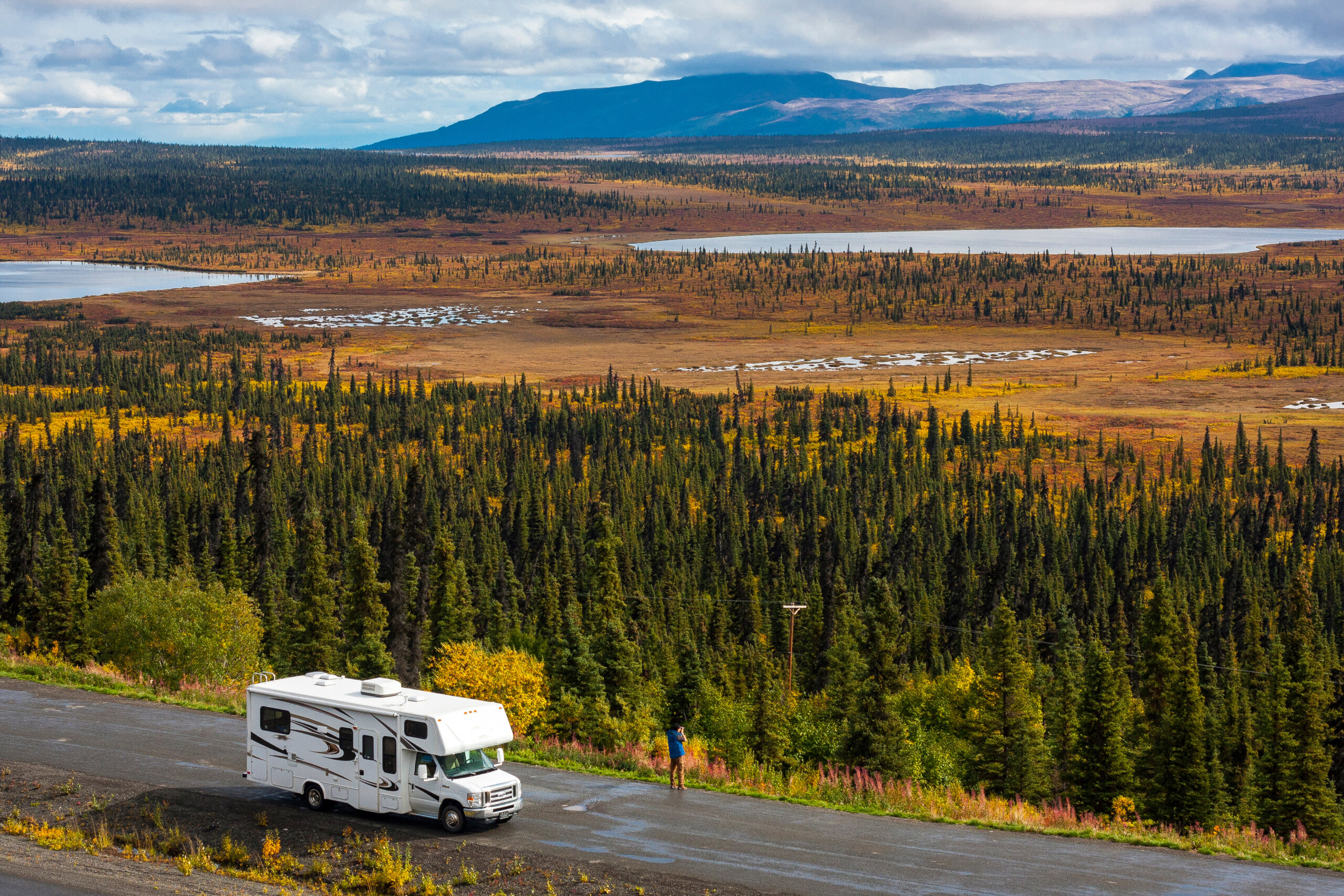 Rv, motorhome on the roads of Alaska. Denali highway.