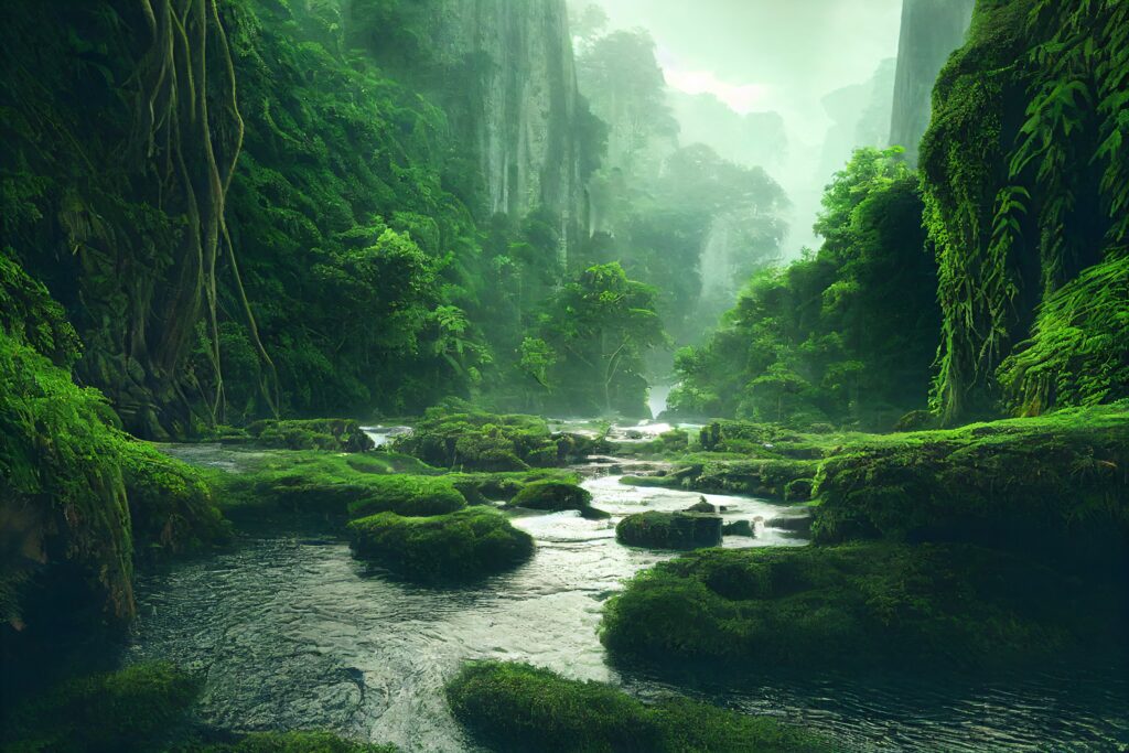 amazon rainforest, tropical vegetation, jungle landscape with creek, rocks overgrown with moss, riverbank plants and lianas, fictional landscape created with generative ai