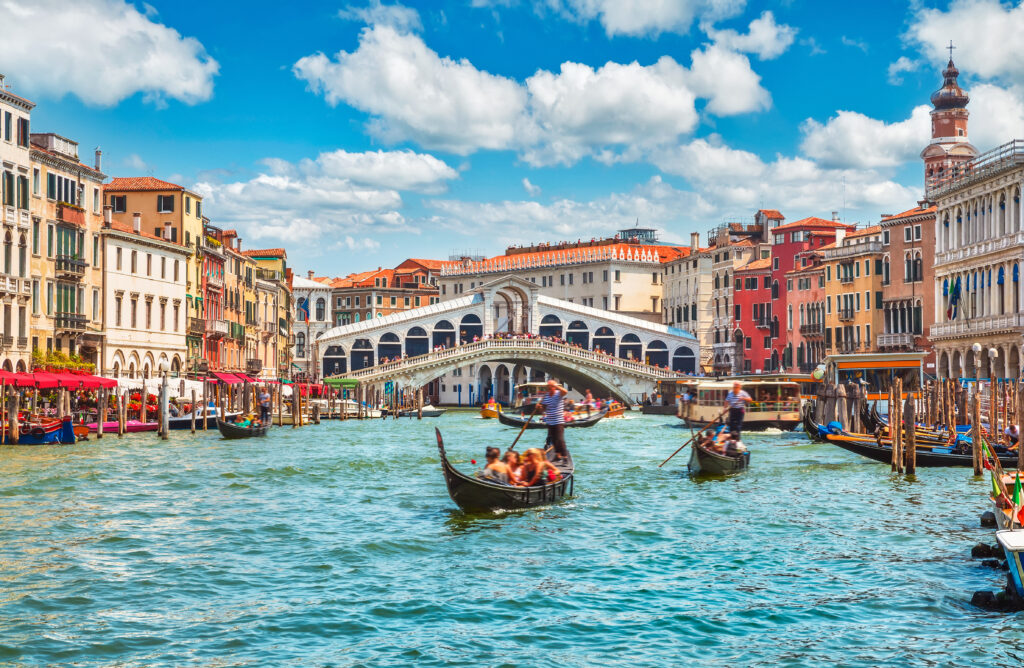 Bridge Rialto on Grand canal famous landmark panoramic view