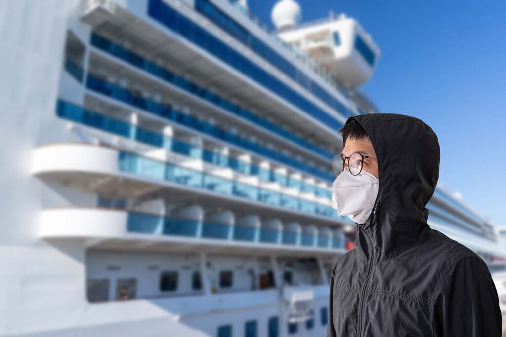 Asian man wearing surgical mask to prevent flu disease Coronavirus with blurred image of cruise ship