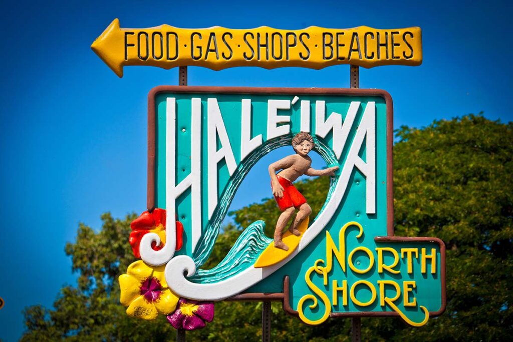 Haleiwa, Hawaii, USA. Road sign for the town of Haleiwa - famed as a surfing mecca on the north shore of the Hawaiian island of Oahu. One of the top surf spots in the world!