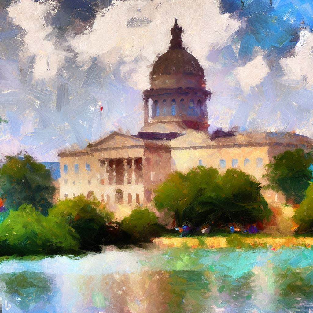 DALL-E generated painting of the Texas Capitol in the style of Claude Monet