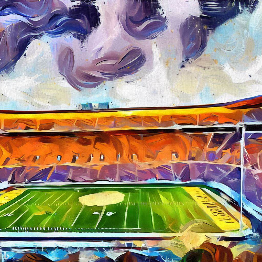 DKR Memorial Stadium, an Austin landmark, by DALL-E in the style of Vincent van Gogh