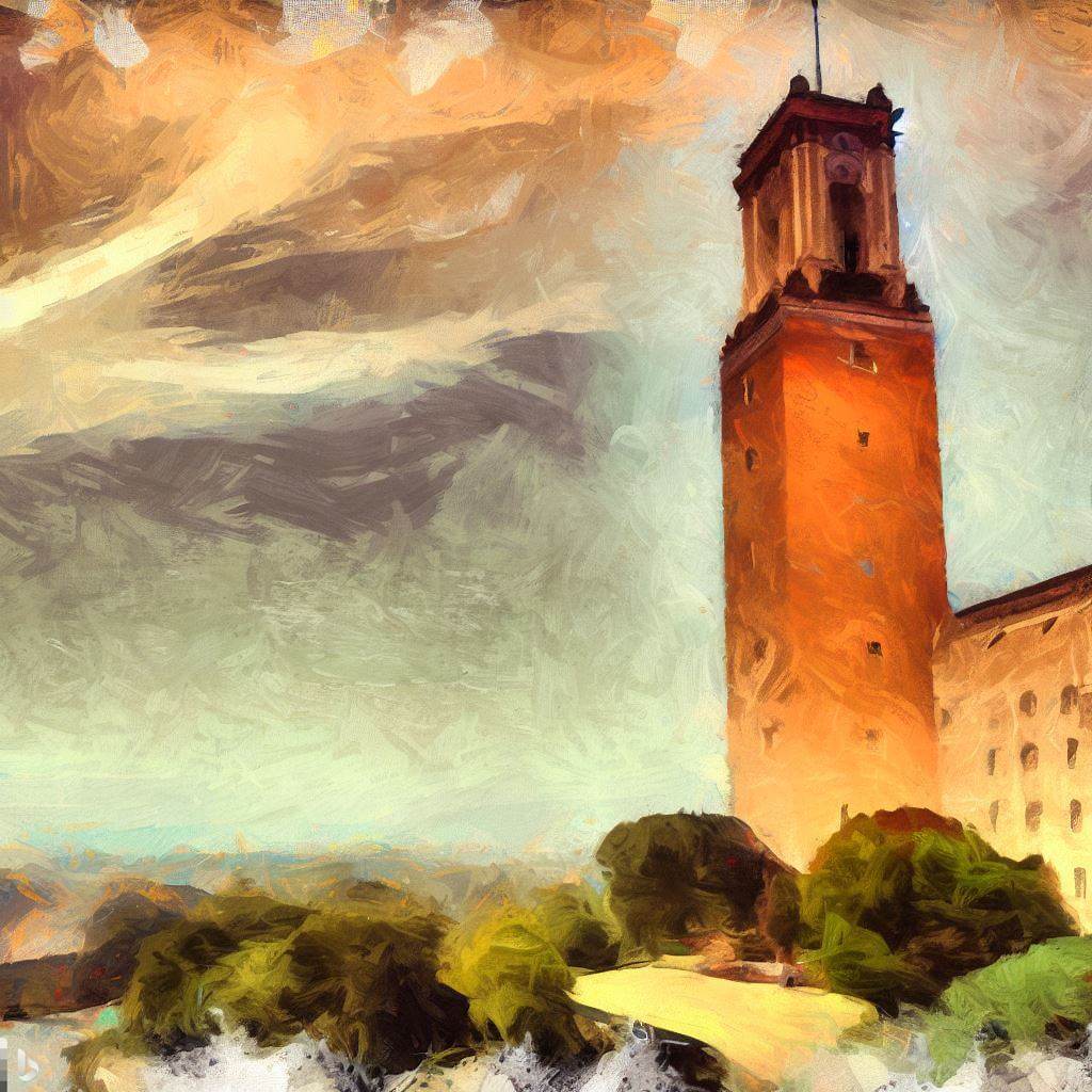 DALL-E painting of UT Tower in the style of Leonardo da Vinci