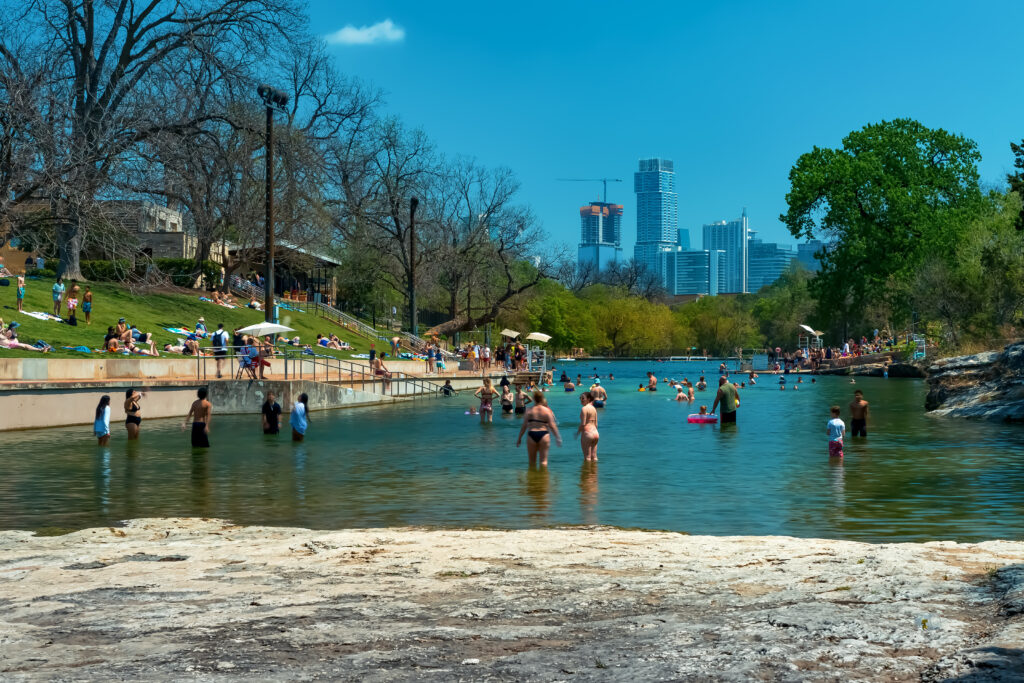 Barton Springs natural cold spring swimming pool in downtown in Austin Texas