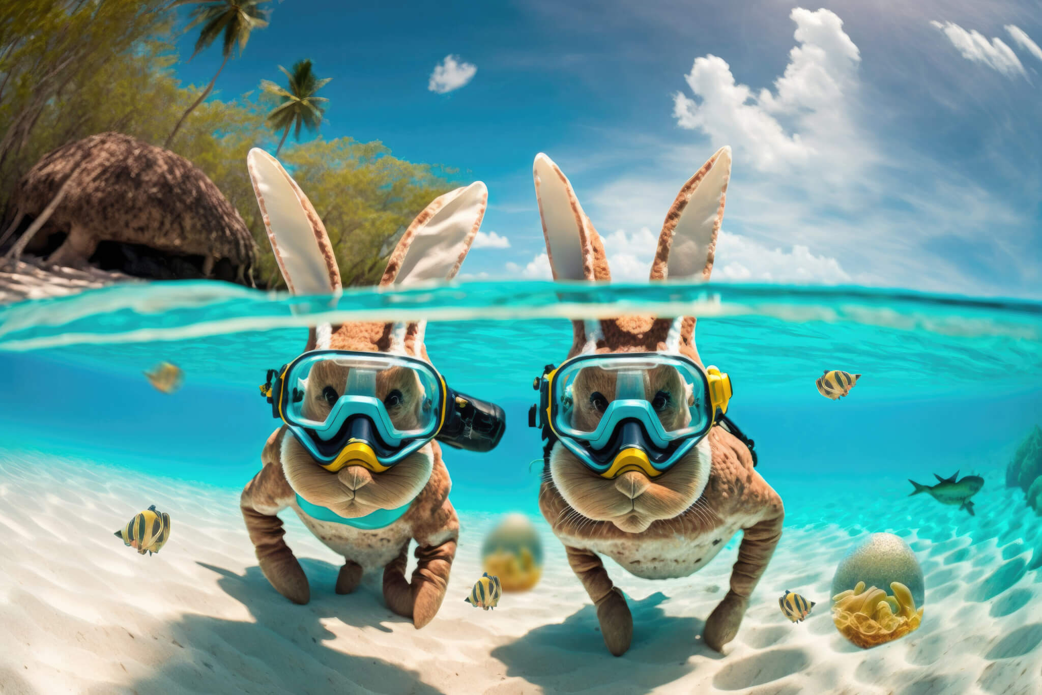 Easter bunnies snorkeling and hunting Easter eggs underwater. Travel vacation for Easter holidays. AI Generated
