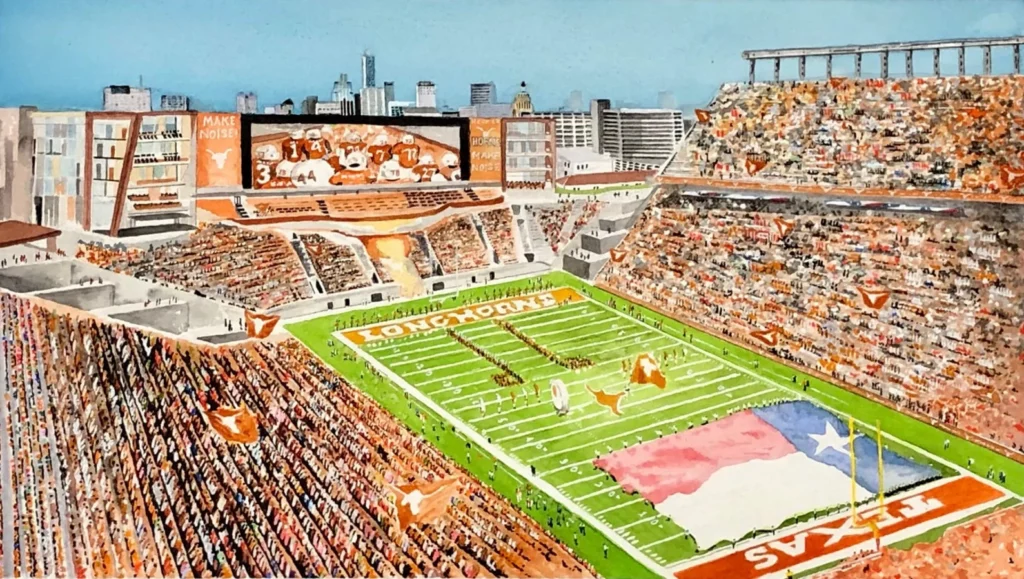 watercolor painting of UT stadium, an Austin landmark, at the University of Texas
