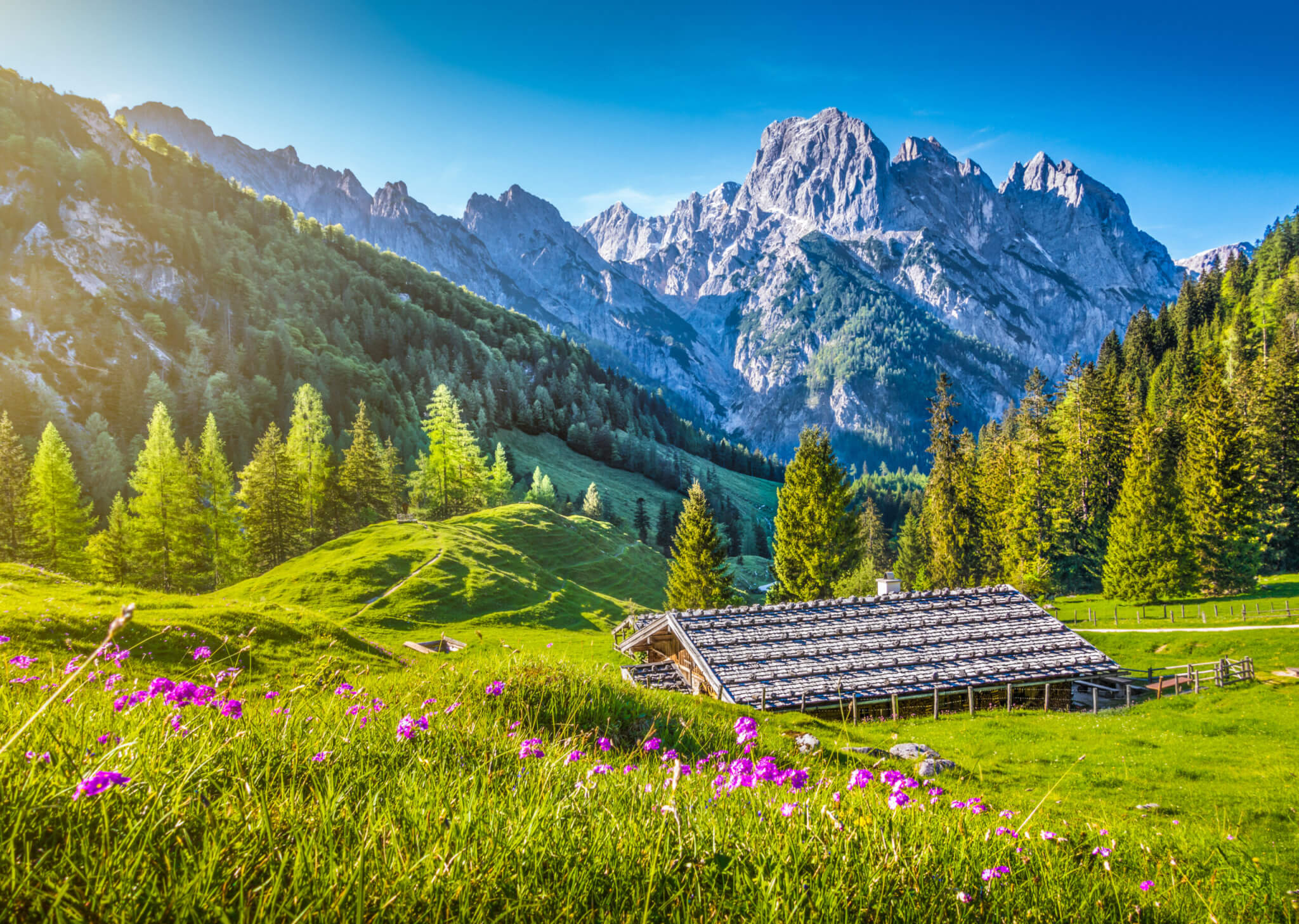 Idyllic alpine scenery with mountain chalet at sunset