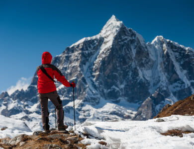 Trekker in Khumbu valley on a way to Everest Base camp