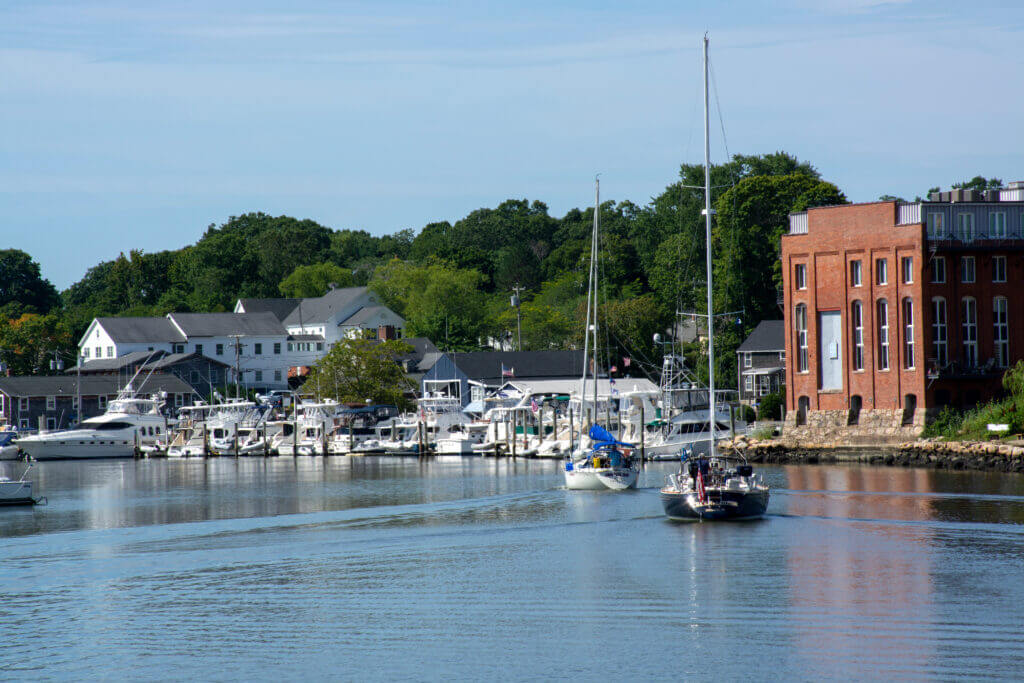 boat harbor in Mystic, CT. View of Mystic rivet, Connecticut. Historic Mystic Seaport in Connecticut. Summer 2021. High quality photo