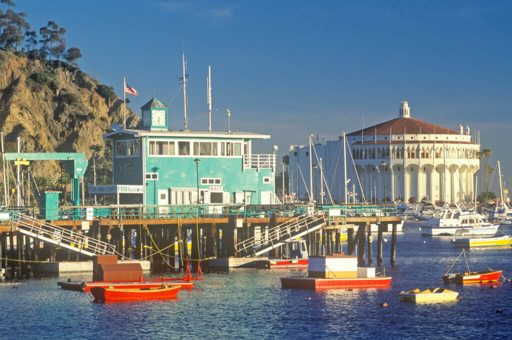 Casino building and Avalon Harbor, Avalon, Catalina Island, California