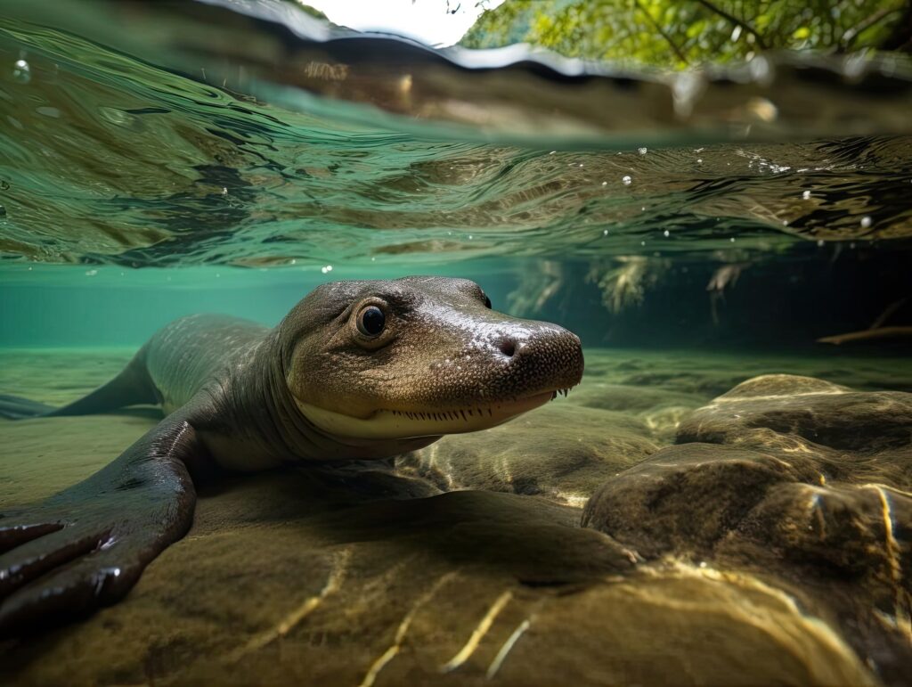 A curious platypus swimming in a river ideal for promoting unique and rare wildlife and environmenta
