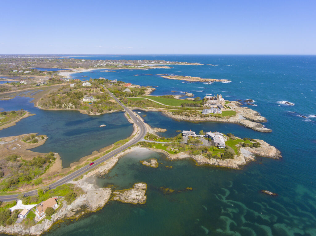 Aerial view of Mansions at Ocean Drive Historic District near Goose Neck in city of Newport, Rhode Island RI, USA.
