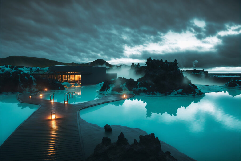 Nighttime Relaxation at the Blue Lagoon Spa in Iceland - AI Generative