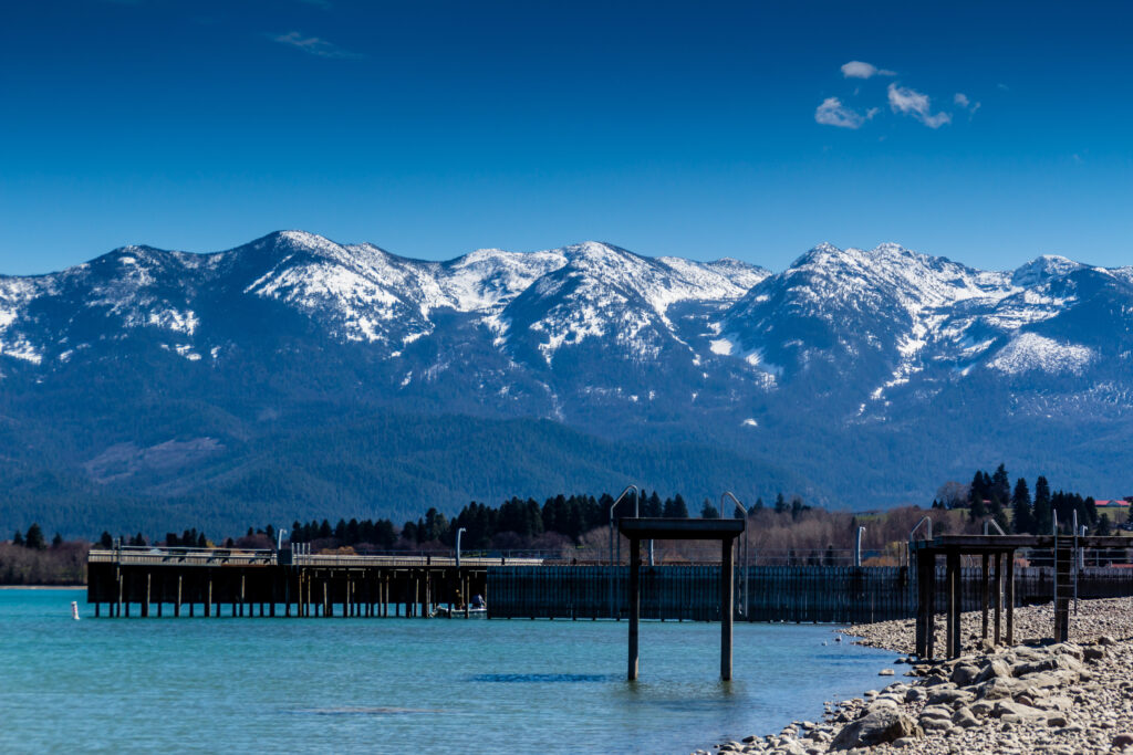 Piers at the edge of town on Flathead Lake, Polson, Montana, United States