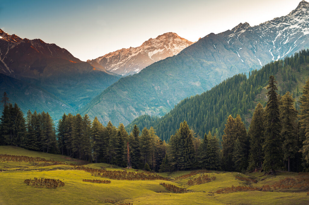 Sunrise in the mountains. Camping site on the beautiful landscape of Himalayan mountains, Kasol, Parvati valley, Himachal Pradesh,