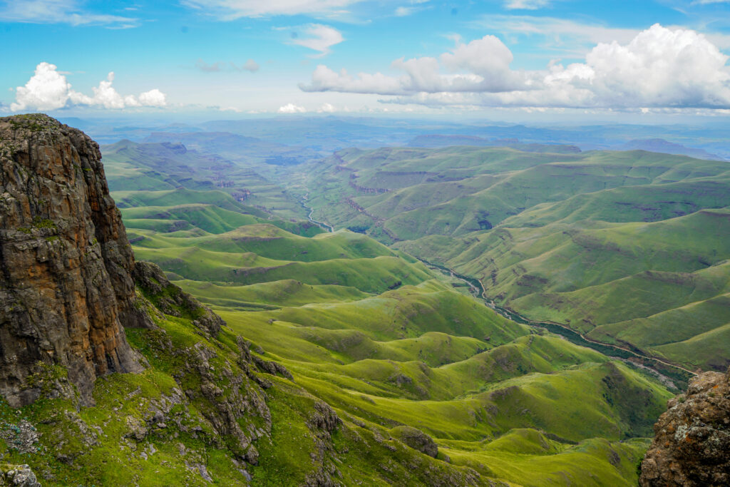 View from Lesotho's Sani Pass over the green foothills of the Drakensberg, South Africa