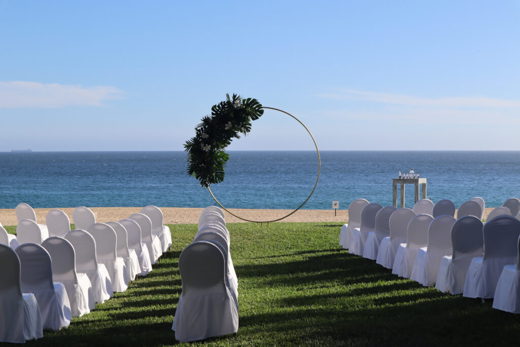 Wedding setup with chairs and photo prop on the beach in Los Cabos, Cabo San Lucas, Mexico