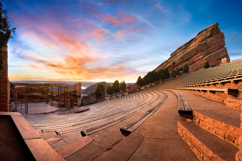 A panoramic of Red Rocks Park during sunrise, near Denver Colorado