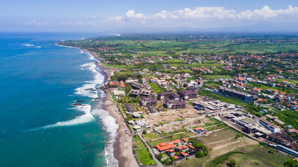 Aerial panorama of the Canggu beach , Bali, Indonesia
