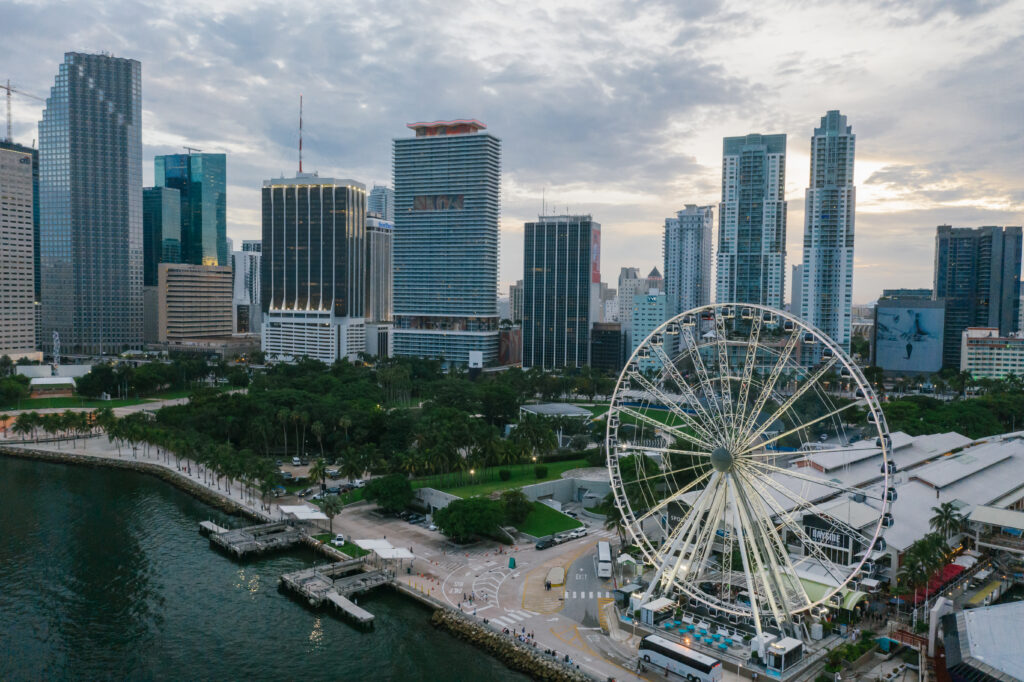 Aerial photography of high rise buildings and ferris wheel in miami florida