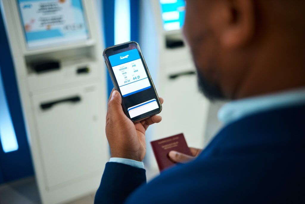 Airport, phone screen and hands for booking online ticket, schedule information and travel time on fintech. Date, website flight registration and business black man on e commerce, mobile app ux or ui