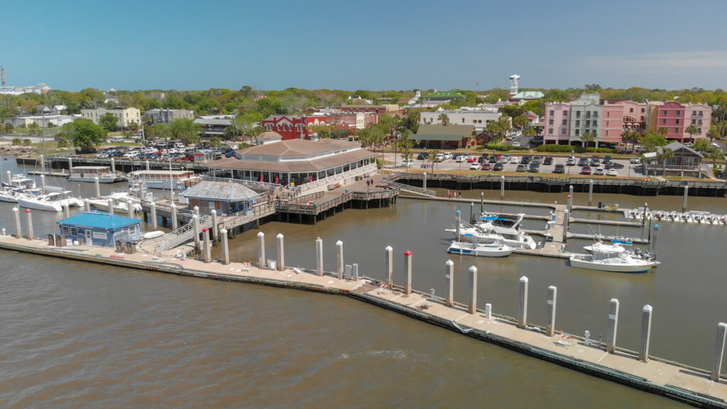 AMELIA ISLAND, FL - APRIL 1, 2018: Coastline of Fernandina Beach, aerial view. This is a famous attraction for tourists in Florida