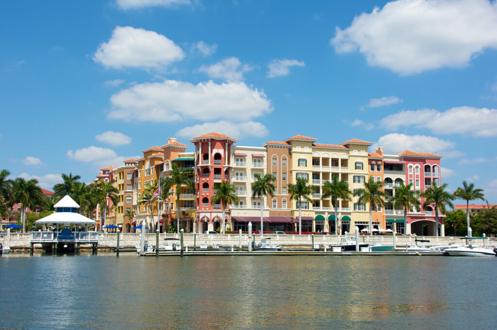 colorful tropical buildings overlooking water