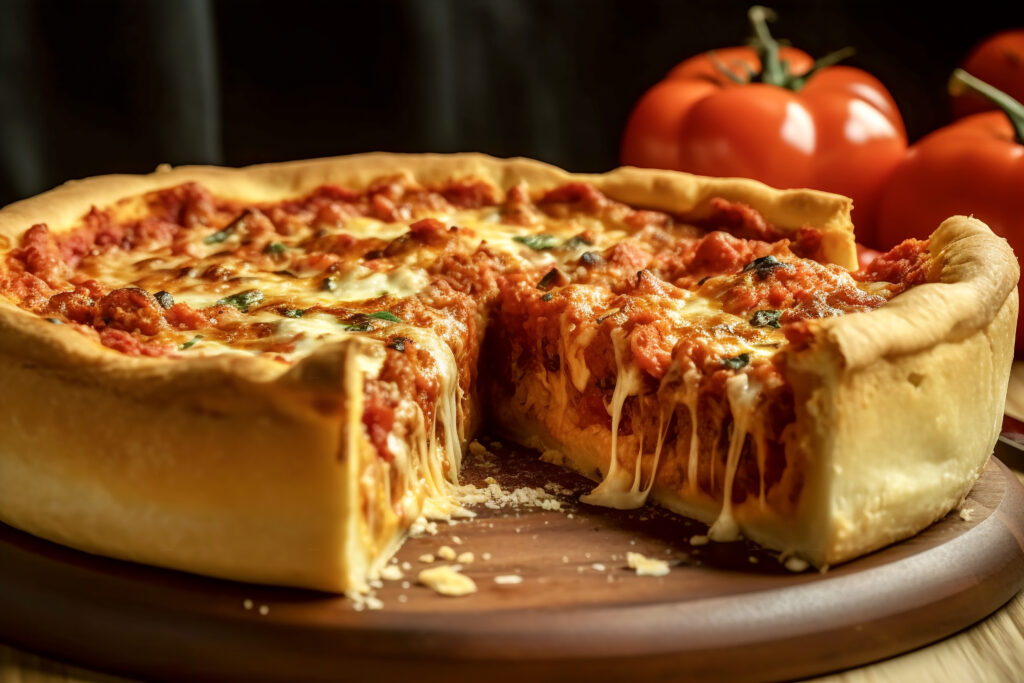 Delicious Chicago deep-dish pizza with Italian sausage beef rich tomato sauce peppers and melting cheese with cut out slice. Traditional American cuisine