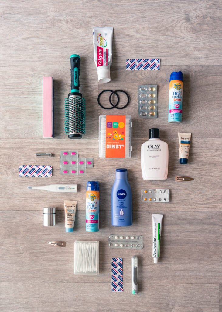 Flat lay photo of essential toiletries