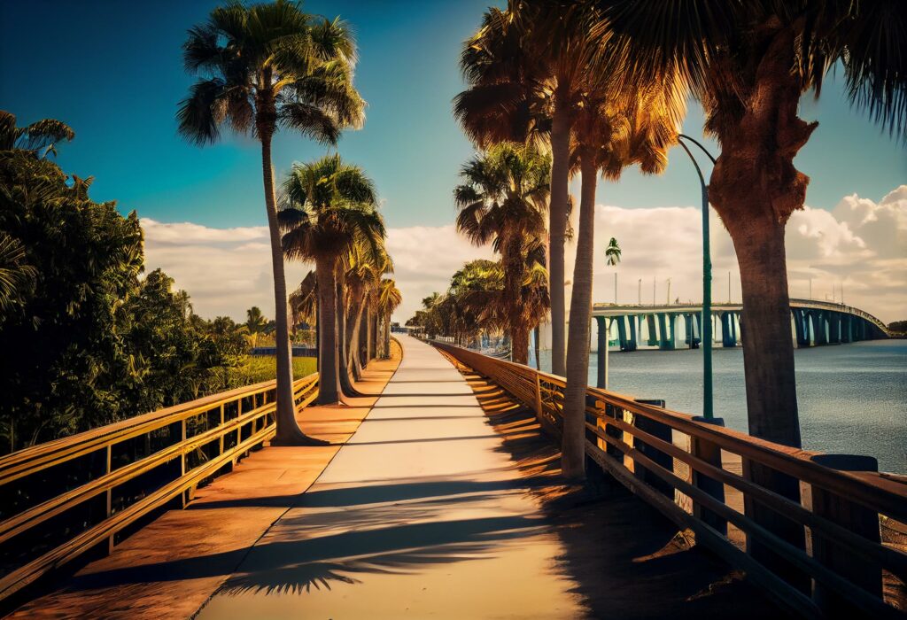 Fort Pierce, St. Lucie County, Florida, Waterfront walkway lined with palm trees along Indian River Drive. Sunny day, bridge in the background. Near downtown Fort Pierce. Generative AI