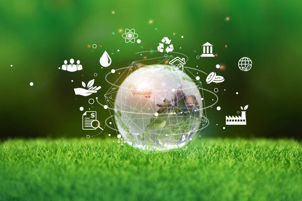 Glass globe in green forest with the icon environment of ESG, co2, circular company, and net zero. Technology Environment, Organization Sustainable development environmental.