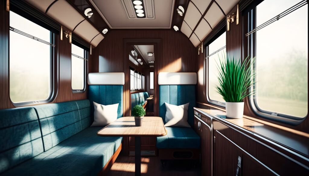 luxury interior in private modern business train railway and sunlight in window. Generation AI