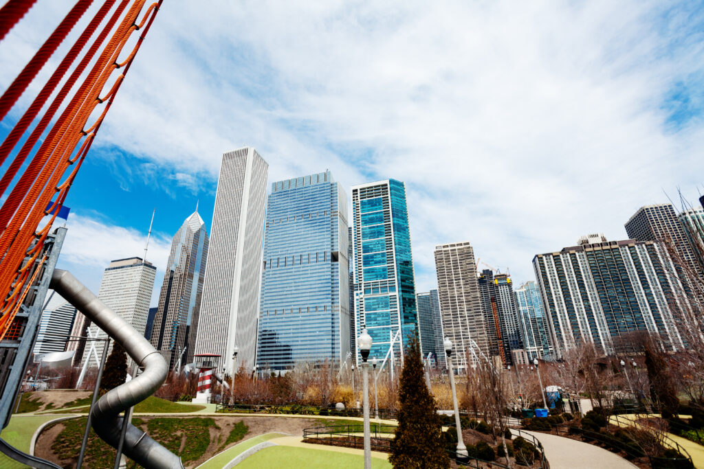 Maggie Daley Park in Chicago and city skyline