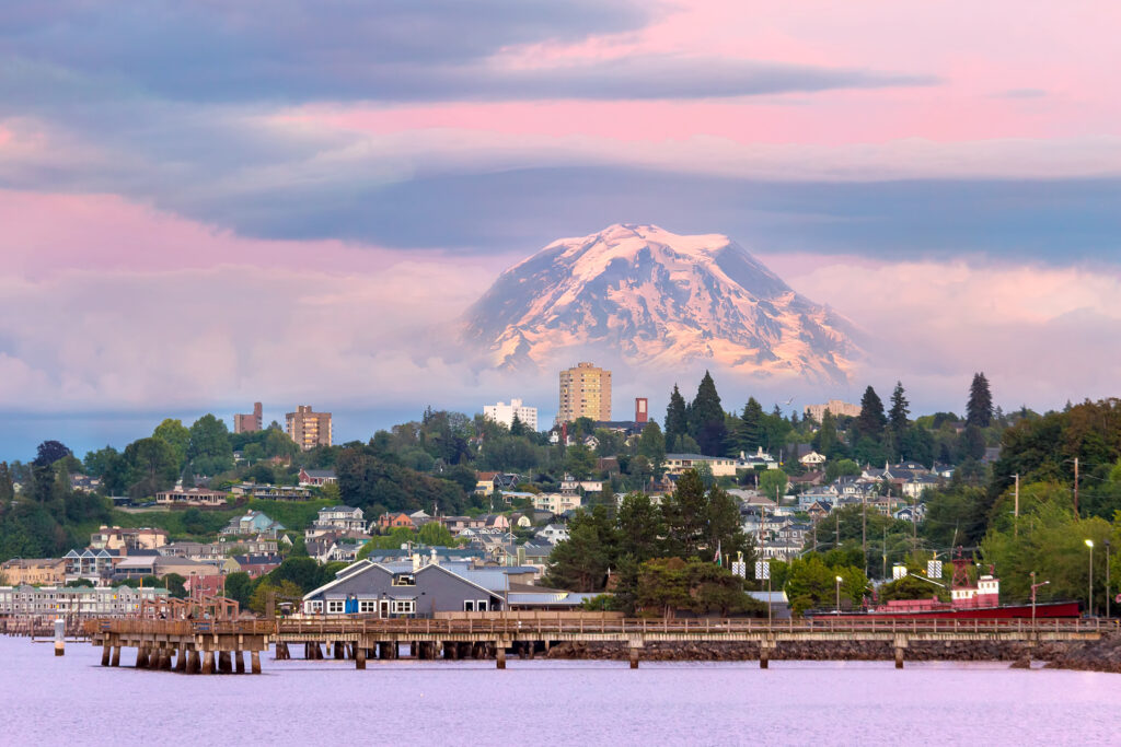 Mount Rainier over Tacoma WA Waterfront at Dusk