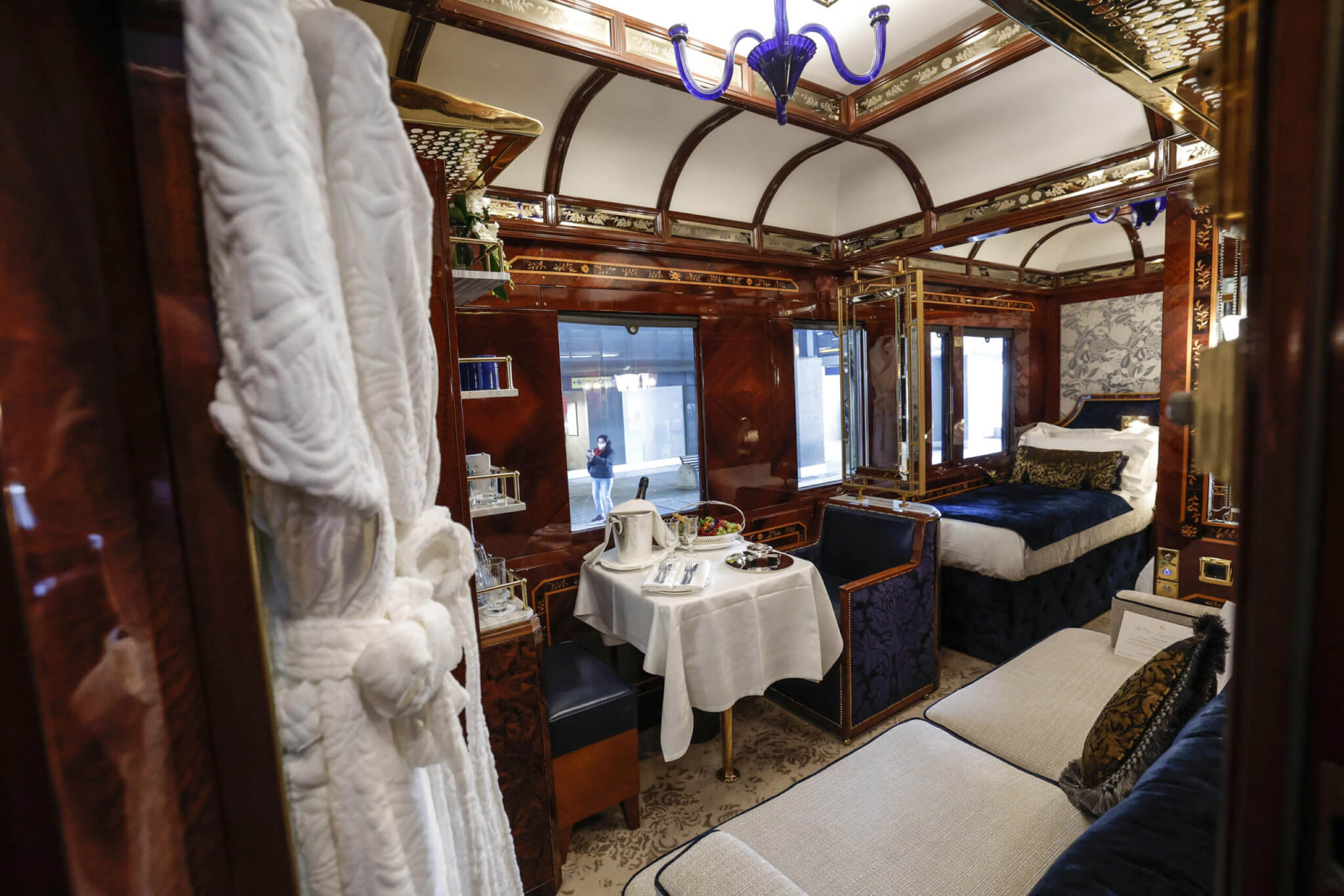 Interior of the Venice Simplon Orient Express (VSOE) arrives at Rome Tiburtina railway station, in Rome, Italy, 2022. The Venice Simplon Orient Express a privately-run train of restored original 1920s, 30s and 50s carriages with Art Deco decor. The train connects a number of European cities, such as London, Paris, Innsbruck, Verona, Venice and Rome.