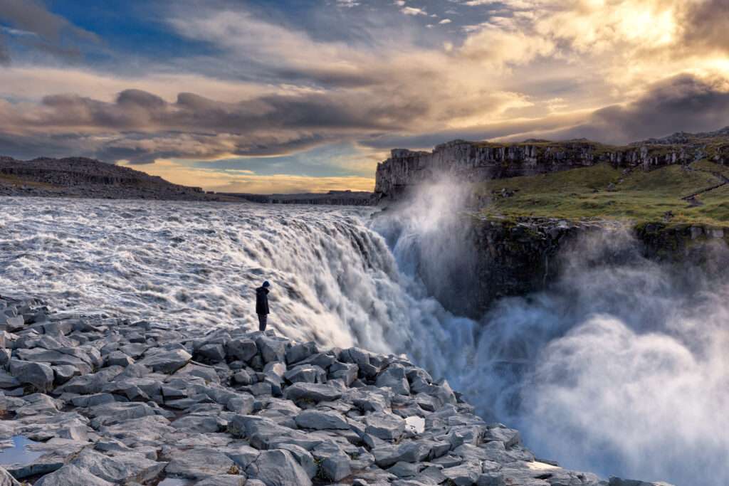 Sunset at the powerful Dettifoss waterfall