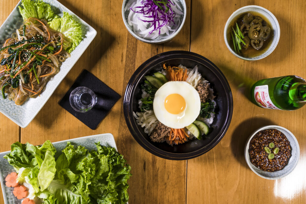 Top view of an assortment of korean food