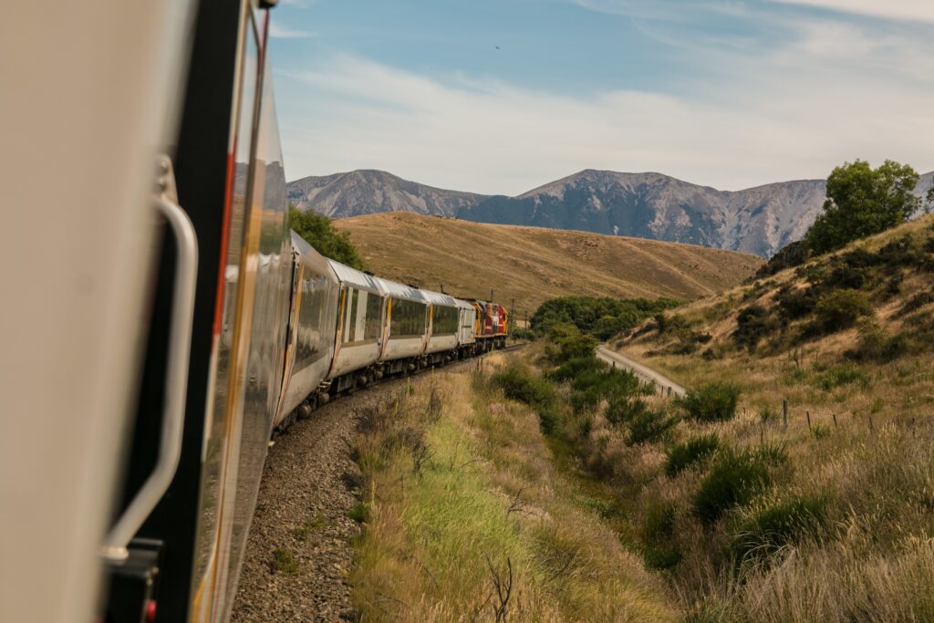 Train cars in the mountains