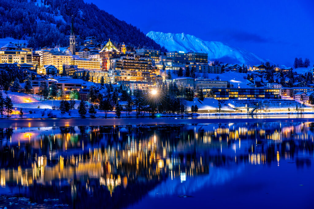 View of St. Moritz in Switzerland at night in winter