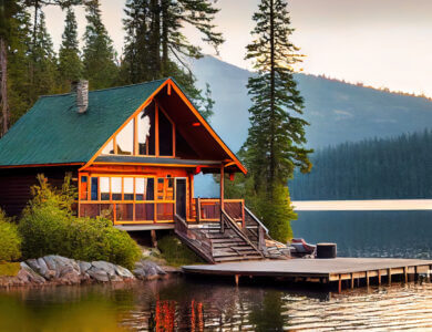 Wood cabin on the lake - log cabin surrounded by trees, mountains, and water in natural landscapes
