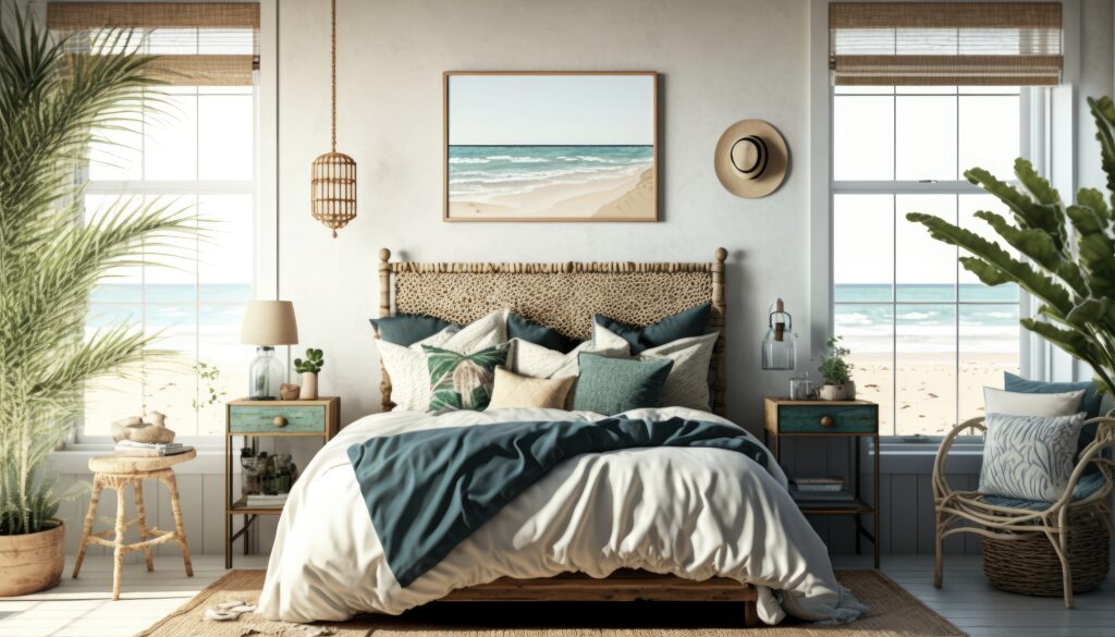 A coastal-style bedroom with a rattan headboard and beachy decor set up on a sandy beach with palm trees. HD, realistic, natural lighting. generative ai