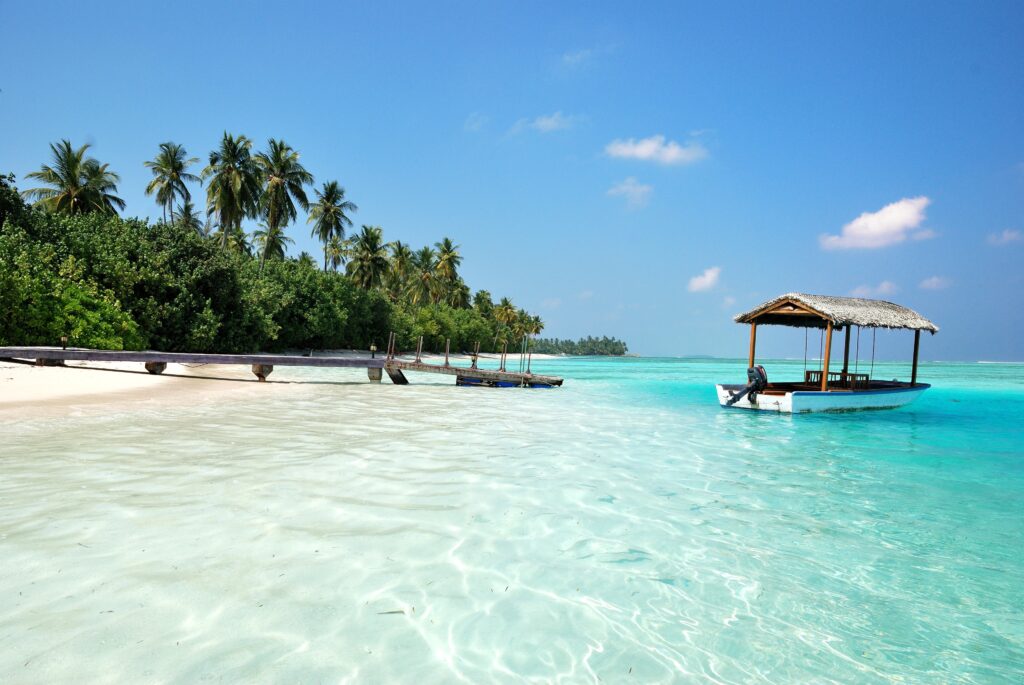 A fantastic beach on the island of Medhufushi  in the Maldives.