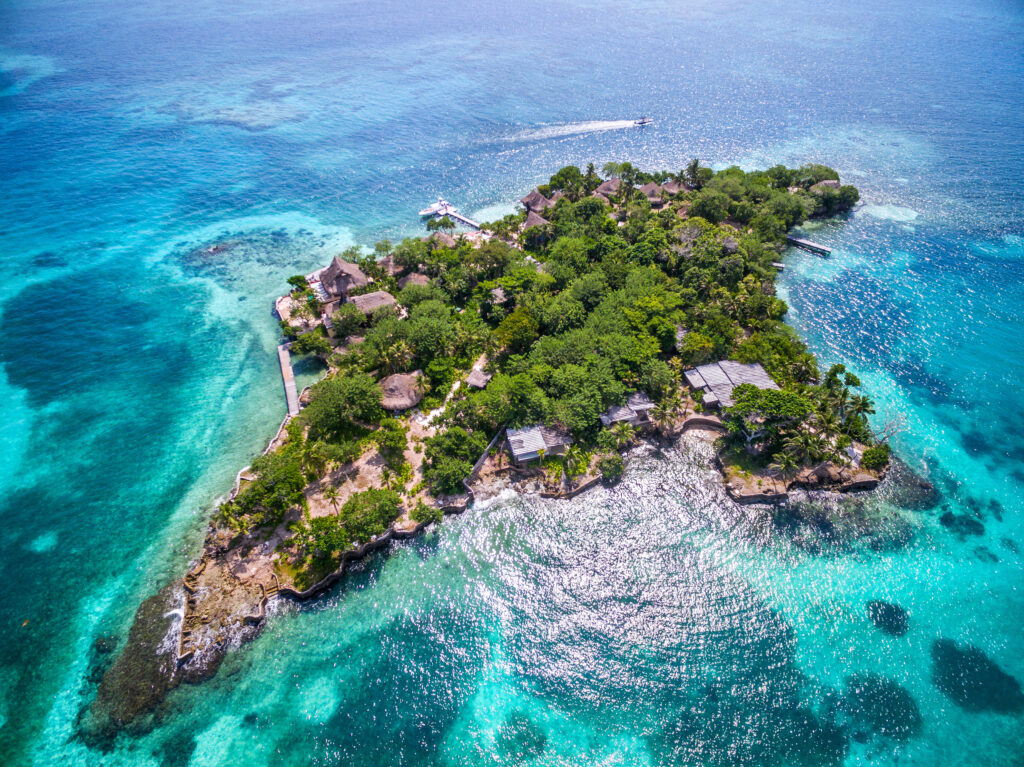 Aerial view of Isla del Pirata at Rosario Islands (Islas del Rosario) off the coast of Cartagena de Indias, Colombia.