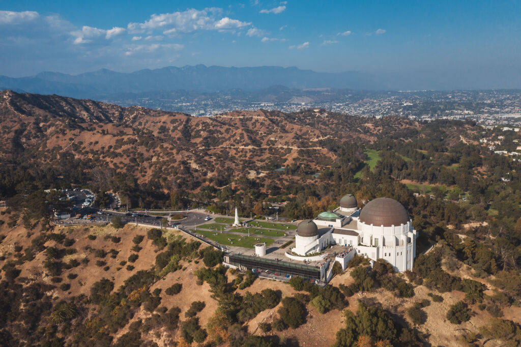 An aerial shot of the griffith observatory in california