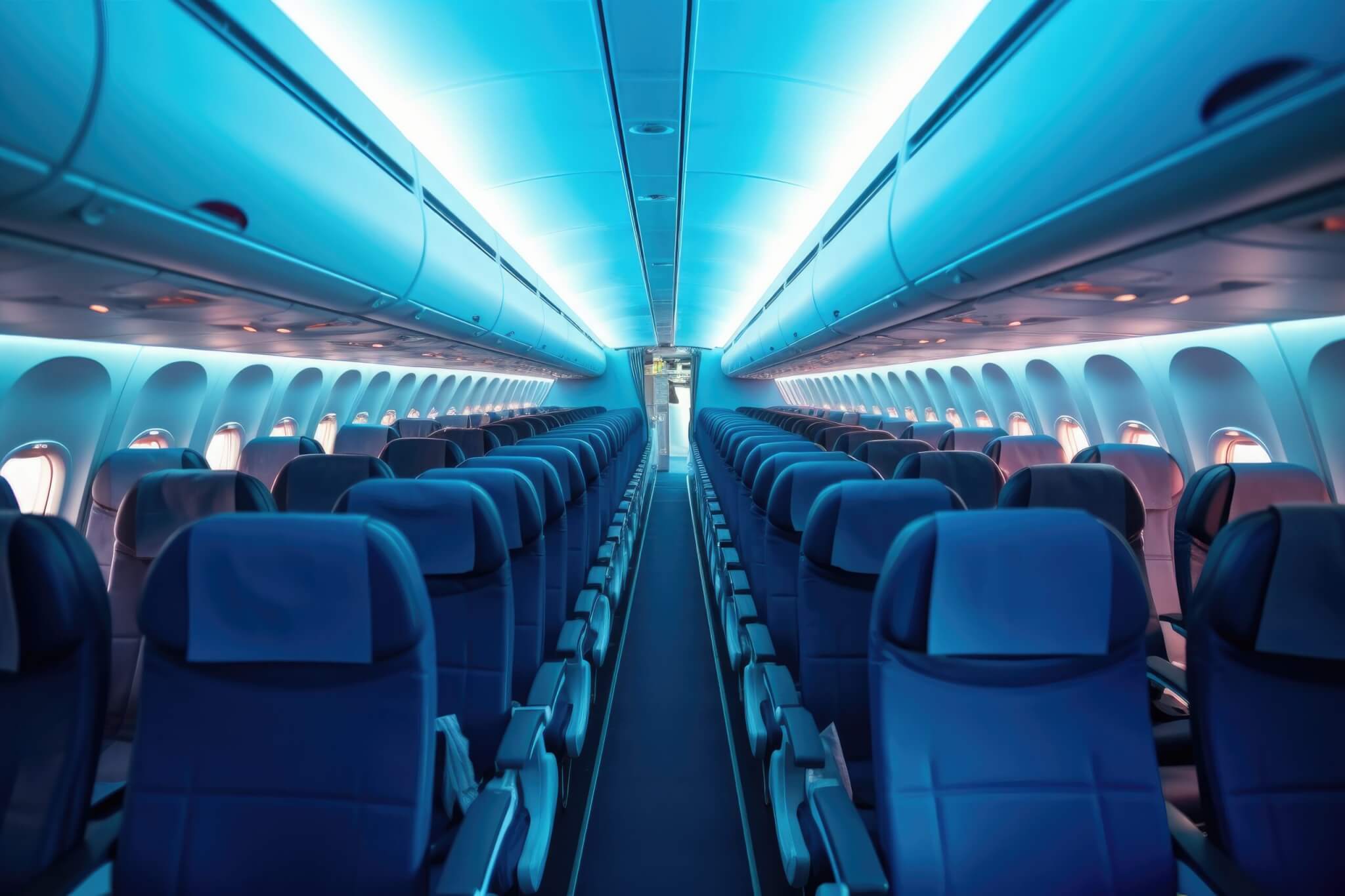 Blue interior of a modern aircraft, empty seats. Generative ai.