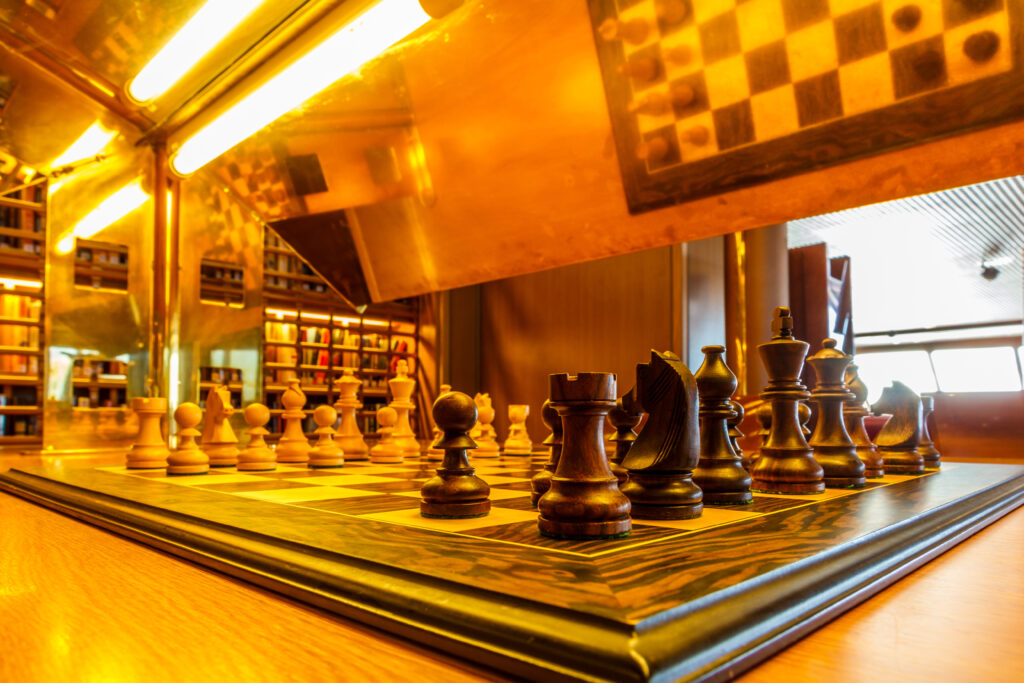 Chess set in a cruise ship library