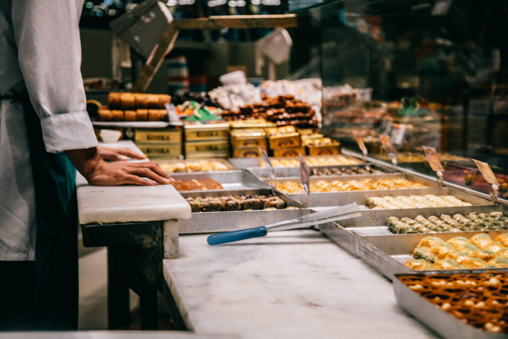 Counter with turkish sweets in market