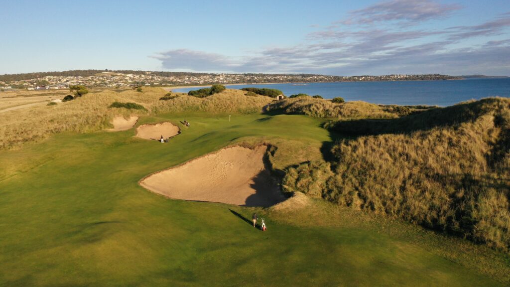 Drone view of the Barnbougle Dunes and the seascape in Tasmania