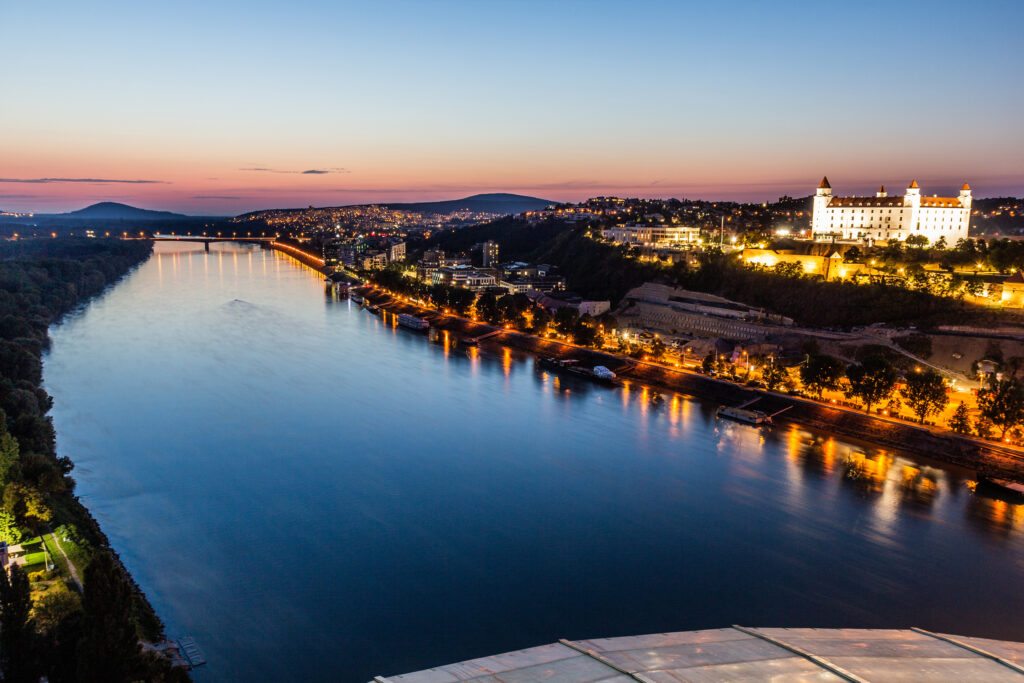 Evening view Danube river and the castle in Bratislava, capital of Slovakia